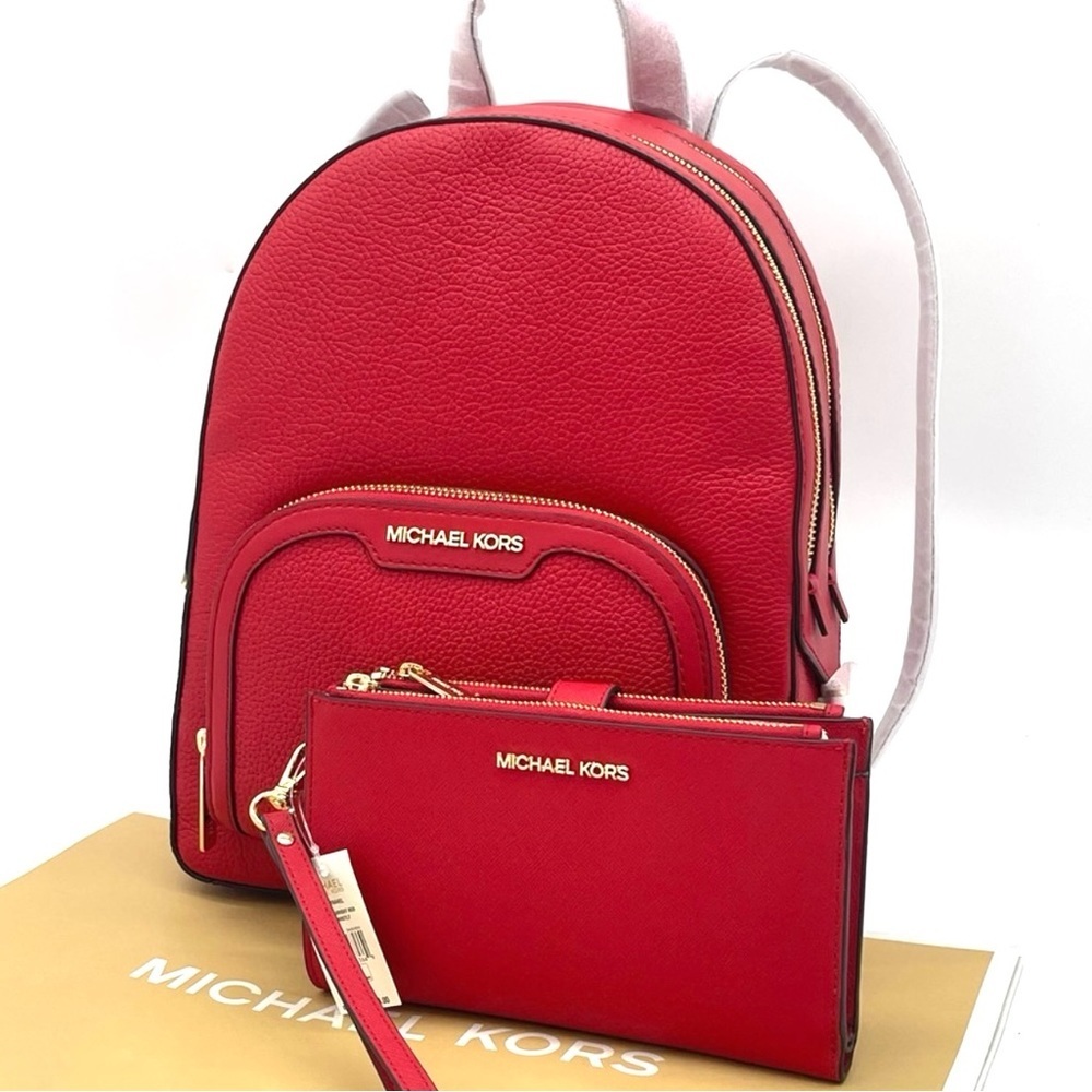 Michael Kors Jaycee Medium Backpack & Double Zip Wallet Wristlet Red/Gold